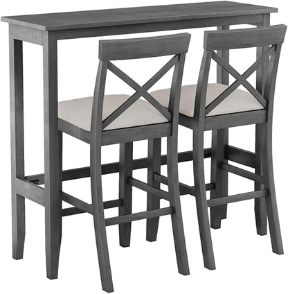 Farmhouse 48" Rectangular Wood Height Dining Set Kitchen Breakfast Nook with 2 Chairs for Small Places Solid Wood Gray+Beige 3-Piece Breakfast Nook Kitchen Island Durable