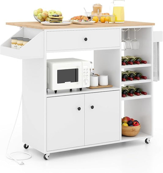 Giantex Rolling Kitchen Island Cart with Drop Leaf, Power Outlet, Spice Rack, 12 Wine Rack, Glass Holder, Drawer, Storage Cabinet, Towel Rack, Island Table for Breakfast Coffee Bar (White & Natural)