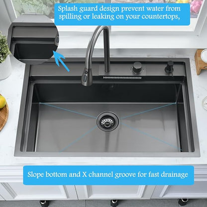 33 Inch Black Waterfall Drop In Kitchen Sink Workstation -Bokaiya 33x19 Black Stainless Steel Smart Sink with Faucet Combo 16 Gauge 10" Deep Top Mount Single Bowl Modern Kitchen Sink