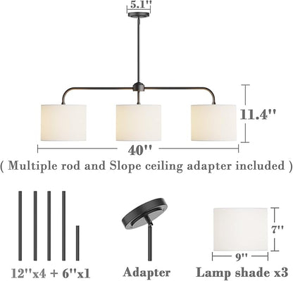 Electro bp;40" W 3-Light White Linen Drum Shade Chandelier with Black Metal Linear Pendant Light Fixture for Kitchen Island,Dining Table,E26,180W;