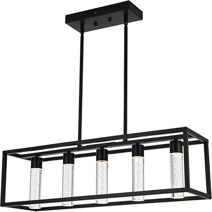 MELUCEE 5 Color Black Pendant Lights Kitchen Island, 5 Lights Modern Kitchen Island Lights 25W Dining Table Light Fixture with Crystal Bubble, Integrated LED Chandelier for Dining Room Billiard Room