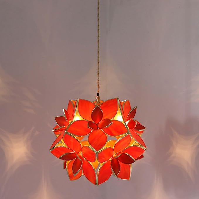 Bieye L10921 Petals Tiffany Style Stained Glass Ceiling Pendant Light with 8-inch Wide Lampshade (Orange, 8" Rose Lily)