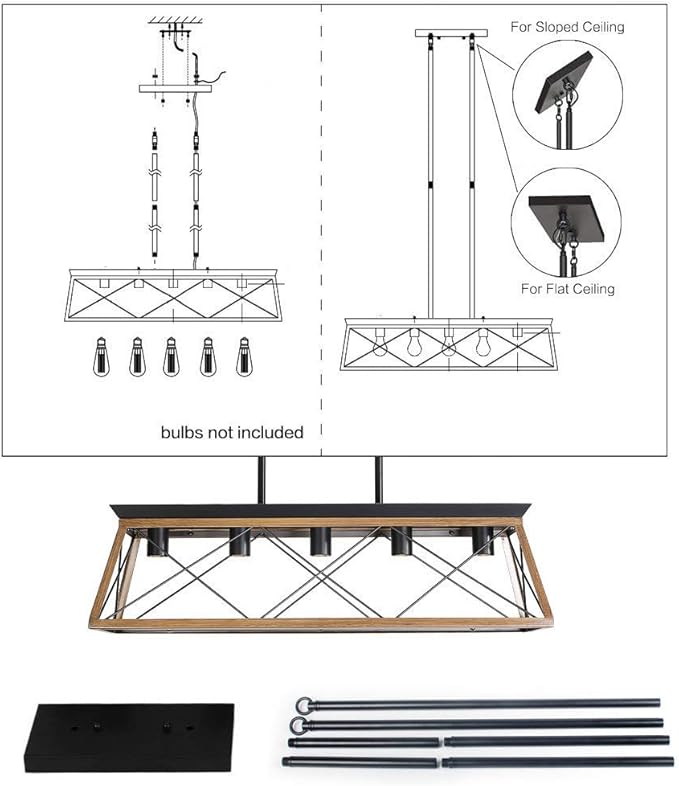 Farmhouse Chandeliers for Dining Room, Rustic Kitchen Island Light Fixture, 5-Light Linear Pendant Lighting Rectangular Chandelier, Metal Solid Ceiling Lights