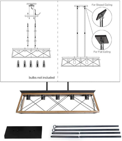 Farmhouse Chandeliers for Dining Room, Rustic Kitchen Island Light Fixture, 5-Light Linear Pendant Lighting Rectangular Chandelier, Metal Solid Ceiling Lights