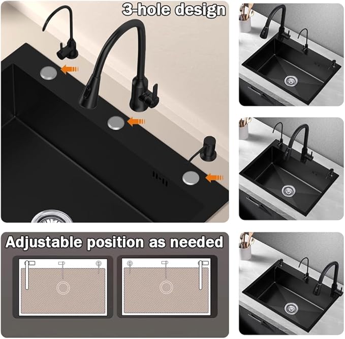 23.6 * 17.7in Drop In Kitchen Sink,Black Stainless Steel Single Bowl Sink,Topmount Workstation Sink With Pull Out Faucet,Soap Dispenser And Drain Basket
