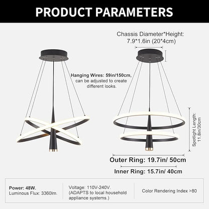 ORANOOR Modern LED Chandelier, Dimmable 20in Black Kitchen Pendant Light Fixture Dining Room Lights Ceiling Hanging, 2 Ring Round Chandeliers for Bedroom Living Room Staircase Over Table (3360lm)