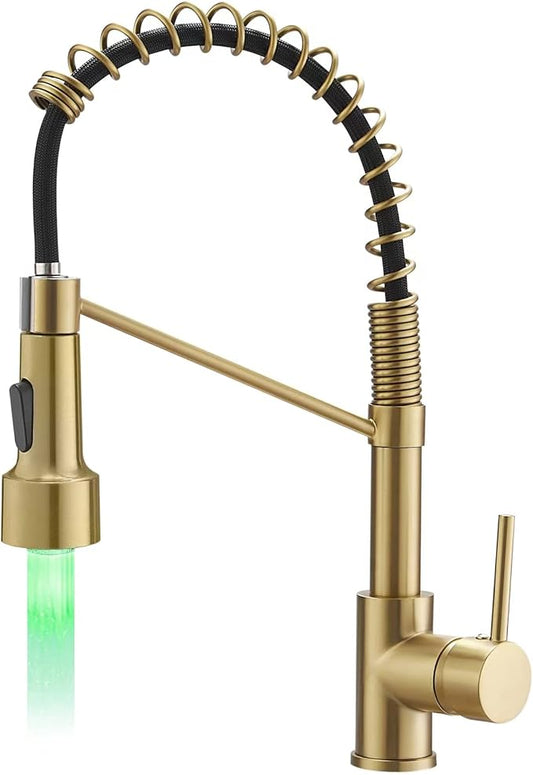 Gold Kitchen Faucet with Sprayer,AIMADI Modern Single Handle Spring Brushed Gold Pull Down Kitchen Faucet with LED Light