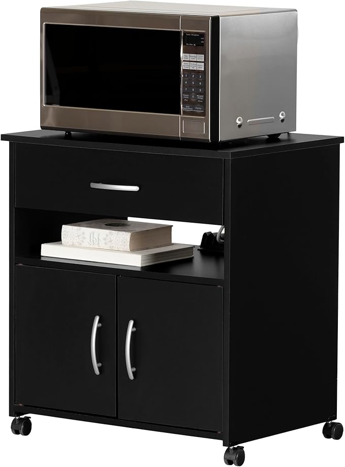 South Shore Axess Microwave Cart on Wheels Pure Black, Contemporary