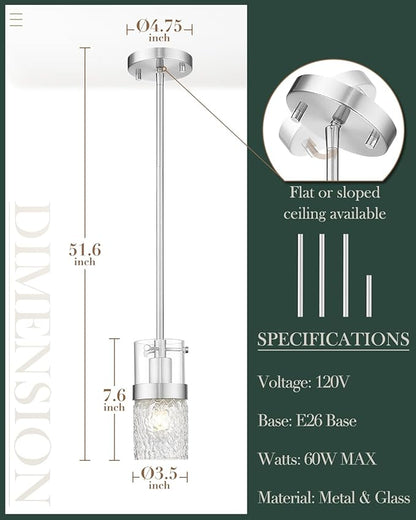 LMS Brushed Nickel Pendant Lights Kitchen Island, 1-Light Modern Glass Pendant Light Fixtures with Hammered Glass, Adjustable Mini Hanging Light for Kitchen Island Sink Bathroom, LMS-199