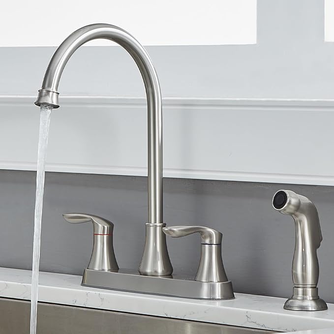 Friho Kitchen Faucet with Side Sprayer, Brushed Nickel Stainless Steel Kitchen Faucets with Supply Line, 3 or 4 Hole 2 Handle Kitchen Sink Faucet for RV Laundry Utility Bar