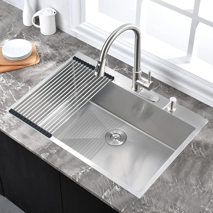 Stainless Steel Kitchen Sink Drop In-Hovheir 31x20 Inch Drop In Top Mount Kitchen Sinks 16 Gauge Stainless Steel Deep Sink Single Basin Overmount Sinks with Cutting Board