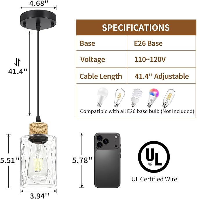 1 Pack Farmhouse Water Ripple Glass Pendant Light for Kitchen Island, Black Hanging Light Fixture, E26 Mini Pendant Lighting for Living Room, Bedroom, 41" Adjustable Cord, Bulb Not Included