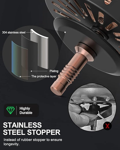 BOTEMY B9171 Copper Kitchen Sink Drain Kit 3 1/2 Sink Strainer for Kitchen Sink with Stainless Steel Strainer Stopper Drain Assembly Basket Strainer Fit Standard Sink Drain Hole(Antique Copper)