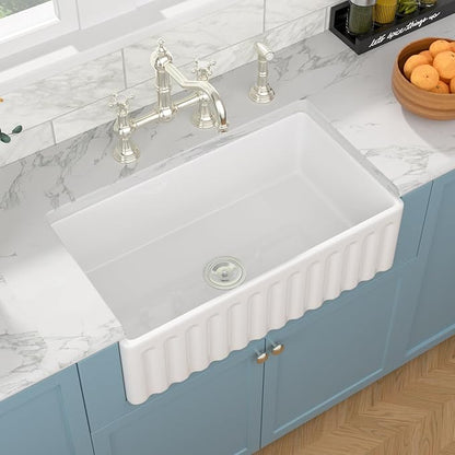 Sarlai 33 White Farmhouse Sink - 33x18 Inch Farm Kitchen Sink Reversible Apron Front White Ceramic Porcelain Fireclay Single Bowl Farmer Sinks