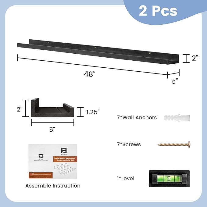 FLYJOE Picture Ledge Shelf, Floating Shelves Set of 2, Solid Ash Wood 48'' Long Large Nursery Book Shelves for Toys Storage, Kids Bookshelf for Living Room Bedroom Decor Books Photo Frames, Black