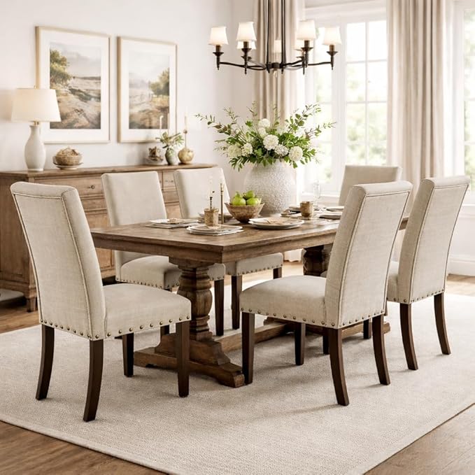 Homepop Home Decor | Classic Upholstered Parsons Dining Chairs | Set of 2 Accent Dining Chairs with Nailhead Trim, Natural Linen