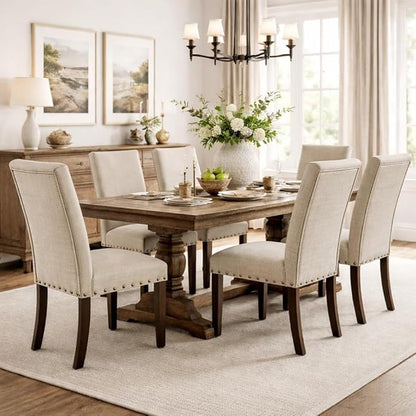 Homepop Home Decor | Classic Upholstered Parsons Dining Chairs | Set of 2 Accent Dining Chairs with Nailhead Trim, Natural Linen