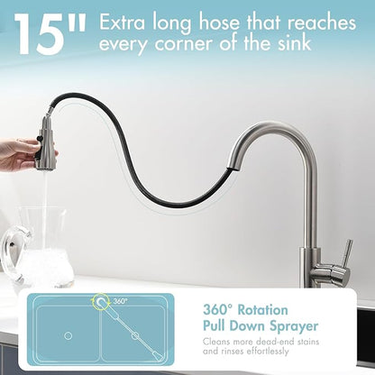 GIMILI Kitchen Faucet with Pull Down Sprayer Single Hole Kitchen Sink Faucet Suitable for Farmhouses RV Laundry Room Outdoor and Campers Brushed Nickel