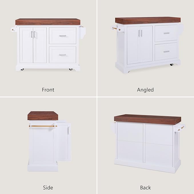 53" Large Kitchen Island with 3.5" Thick Desktop, Spice and Towel Racks, Rolling Kitchen Island with Storage on 5 Wheels, 2 Extra-Large Drawers, for Home, Kitchen, Dining Room, White
