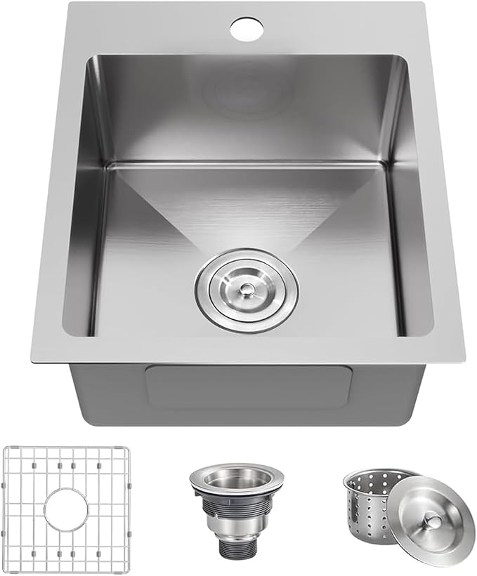 15x17 Inch Bar Sink Drop In, Topmount Kitchen Sink Stainless Steel Square Small Sinks, Single Bowl Kitchen Sinks for Laundry Wet Bar Prep RV Office Outdoor Yard with Grid & Drain