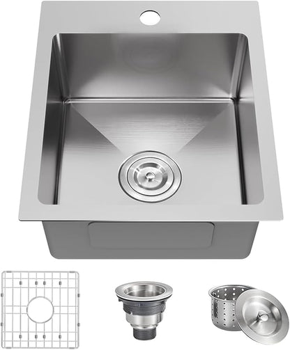 15x17 Inch Bar Sink Drop In, Topmount Kitchen Sink Stainless Steel Square Small Sinks, Single Bowl Kitchen Sinks for Laundry Wet Bar Prep RV Office Outdoor Yard with Grid & Drain