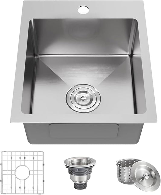 15x17 Inch Bar Sink Drop In, Topmount Kitchen Sink Stainless Steel Square Small Sinks, Single Bowl Kitchen Sinks for Laundry Wet Bar Prep RV Office Outdoor Yard with Grid & Drain