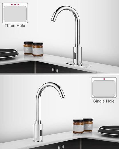 Touchless Bathroom and Kitchen Sink Faucet Commercial Public Automatic Motion Sensor Faucet with Deck Plate and Temperature Mixer,Battery or Plug-in Powered,1 Hole or 3 Hole,Chrome