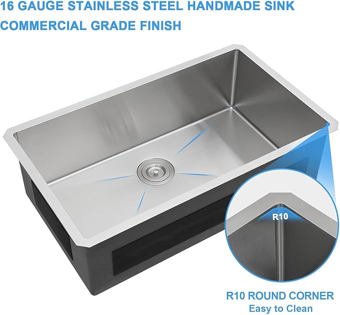 32 Inch Undermount Kitchen Sink 18 Gague Stainless Steel Single Bowl Handmade Kitchen Sinks Large Deep Under Counter Basin, 32"x19"x9"