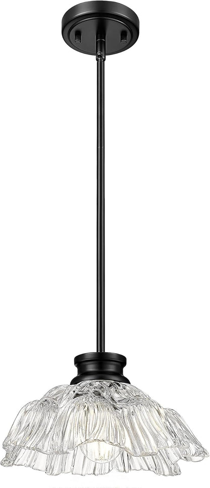 Black Pendant Lights Kitchen Island, HWH Hanging Light Fixtures for Dining Room, Bedroom, 10 Inch Glass Pendant Light with Clear Flower Glass, Matte Black Finish, 5HJX112MIL BK
