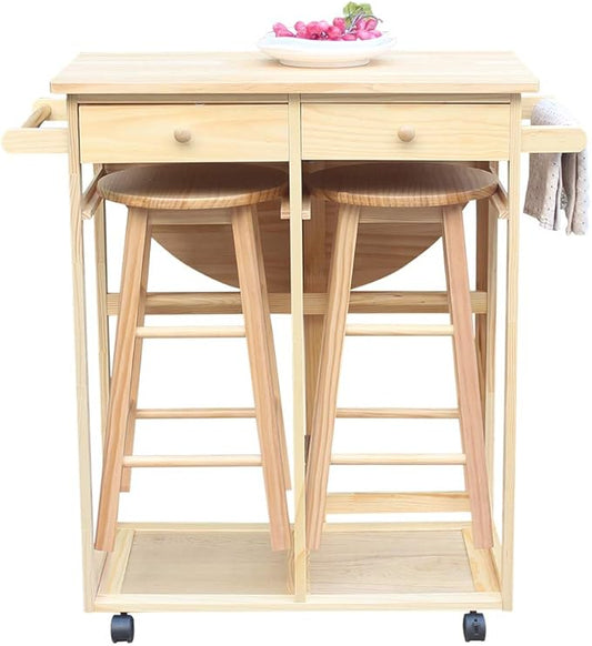 Foldable Dining Table Set, Kitchen Island Trolley Cart with 2 Stools and 2 Drawers Solid Wood Drop Leaf Table Breakfast Cart Bar Dining Room Serving Cart (Semicircle Dining Cart Burlywood 1)
