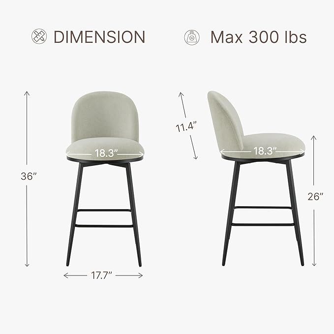 KISLOT Counter Height Swivel Bar Stools Set of 2, 26" Upholstered Linen Fabric Barstools with Backs and Metal Legs for Kitchen Island,Grey