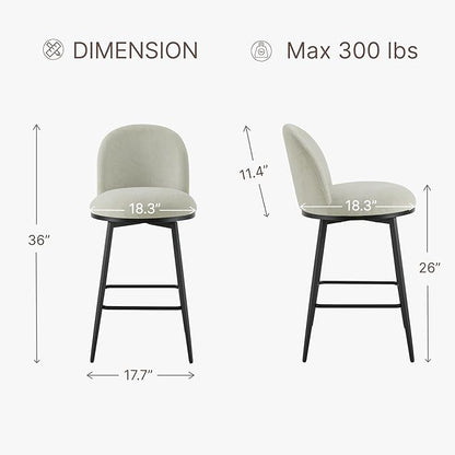 KISLOT Counter Height Swivel Bar Stools Set of 3, 26" Upholstered Linen Fabric Barstools with Backs and Metal Legs for Kitchen Island,Grey