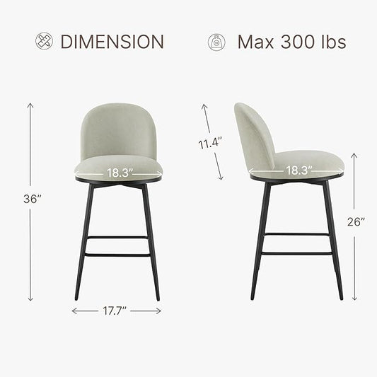26" Counter Height Swivel Bar Stools Set of 2, Upholstered Linen Fabric Barstools with Backs and Metal Legs for Kitchen Island,Grey
