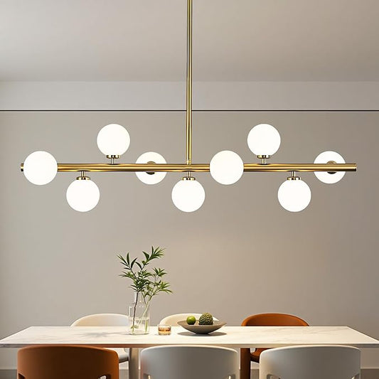 Mid Century Modern Globe Sputnik Chandelier, 9-Light Linear Chandeliers for Dining Room and Kitchen Island, Dining Light Fixture Over Table, Brass Gold and Milk White Glass Bubble, 40 Inch