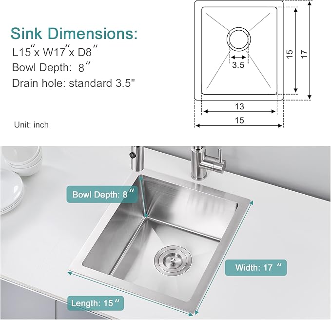15 inch Bar Sink, KINKIB 15 x 17 inch Undermount Bar Prep Kitchen Sink, Handmade Single Bowl T-304 Stainless Steel Sink with Strainer