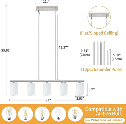 Brushed Nickel Island Lights for Kitchen, 5-Light Modern Dining Room Light Fixtures Over Table Glass Penadnt Lights Adjustable Kitchen Hanging Light Fixtures Linear Farmhouse Chandeliers Over Island