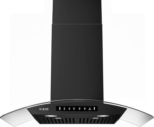 VIKIO HOME Black 30 inch Wall Mounted Range Hood Glass 900 CFM, Stainless Steel Kitchen Hood Vent with Gesture/Touch Controls, 3-Speed Exhaust Fan and Stainless Steel Baffle Filter, 2 LED Lights
