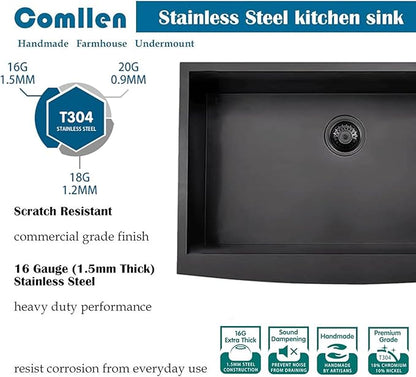 Comllen Commercial 33 inch 304 Stainless Steel Farmhouse Sink, Single Bowl Kitchen Sinks 16 Gauge 9 Inch Deep Handmade Undermount Farm Apron Front Kitchen Sink, Gunmetal Black