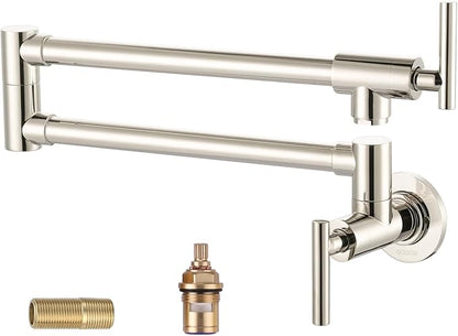 WOWOW Pot Filler Faucet Polished Nickel, Solid Brass Pot Filler Wall Mount Kitchen Stove Faucet with Double Joint Swing Arms