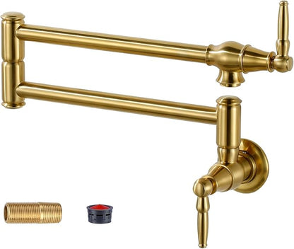 Pot Filler Faucet Brushed Gold: Solid Brass Wall Mount Heavy Duty Stove Pot Filler with Double Joint Swing Arms - Single Hole Commercial Folding Stretchable Faucet 2 Handles for Kitchen Restaurant