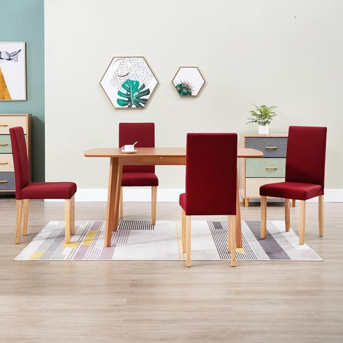 Dining Chairs Set of 4 Wine Red Fabric Rubber Wood Modern Dining Room Chairs for Kitchen Comedor Living Room Furniture