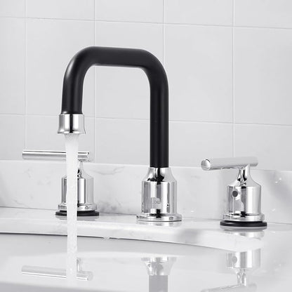 WOWOW Black and Chrome Bathroom Sink Faucet, Widespread Bathroom Faucet 3 Hole Vanity Tap 8 Inch Bathroom Tap with Pop Up Drain Assembly & cUPC Supply Lines, 2 Handle Basin Faucet Modern