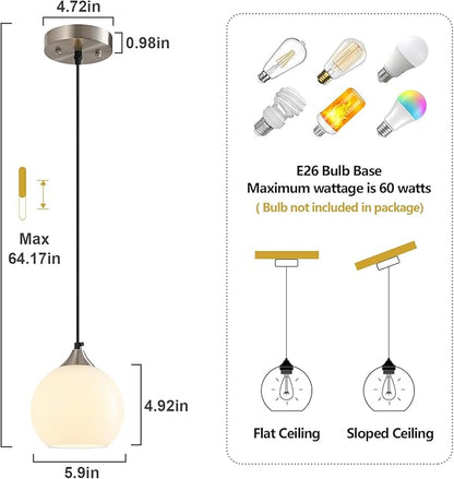 Milky Luster Glass Pendant Lights Kitchen Island Globe Pendant Light Fixtures Modern Pendant Lighting for Bedroom Living Dining Room Light Fixture (5.9 in, 1 Pack)