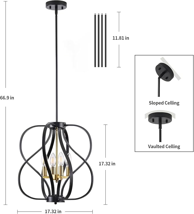 Black and Gold Chandelier Light Fixture, 18" Modern Farmhouse Industrial Chandelier, 4-Light Sphere Geometric Hanging Pendant Light Fixture for Dining Room Entryway Hallway Living Room Kitchen Island