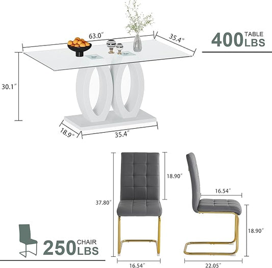 5-Piece Glass Dining Table Set, 63" White Kitchen Table with O-Shape MDF Base, Dining Room Set for 4 with 4 Leather Upholstered Chair for Kitchen, Dining Room (Gray,Gold)