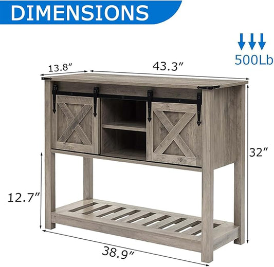 Entryway Table with Storage, Farmhouse Buffet Cabinet Coffee Bar Kitchen Island with Sliding Barn Doors & Shelves, Console Table for Kitchen, Dining Room, Living Room, Grey