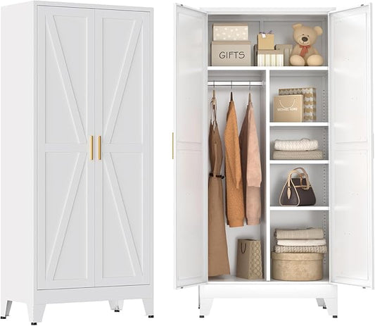 Metal Combination Cabinet, Utility Storage Cabinet with 4 Shelves, Farmhouse Pantry Closet with Doors, 71" Tall Storage Cabinets with Hanging Rod and Clothing Shelf for Hallway Laundry Mudroom