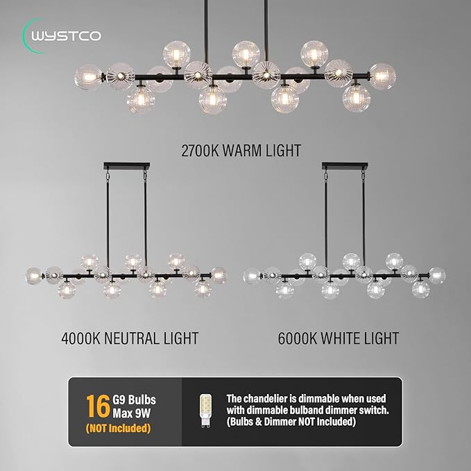 56 Inch Black Linear Chandeliers for Dining Room, Kitchen Island, Living Room, 16-Light Mid Century Modern Light Fixture Over Table, Large Clear Glass Globe Sputnik Bubble Chandelier