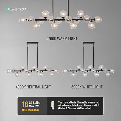 56 Inch Black Linear Chandeliers for Dining Room, Kitchen Island, Living Room, 16-Light Mid Century Modern Light Fixture Over Table, Large Clear Glass Globe Sputnik Bubble Chandelier