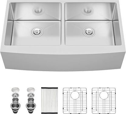 Sarlai 33 Farmhouse Sink Double Bowl- 33x21 Inch Apron Front Kitchen Sink Double Bowl 50/50 Stainless Steel 16 Gauge Round Corner Farm Farmer Kitchen Sinks